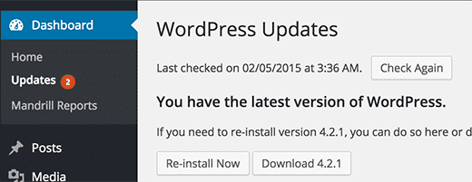 WordPress updates screen