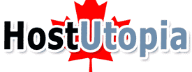 Logo for Hostutopia showcasing a Canadian maple leaf, specializing in WordPress and Vancouver web hosting.